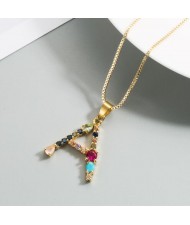 Colorful Gems Inlaid Aphabet Pendant 18k Gold Plated Long Chain Costume Wholesale Necklace