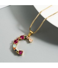 Colorful Gems Inlaid Aphabet Pendant 18k Gold Plated Long Chain Costume Wholesale Necklace