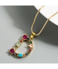 Colorful Gems Inlaid Aphabet Pendant 18k Gold Plated Long Chain Costume Wholesale Necklace
