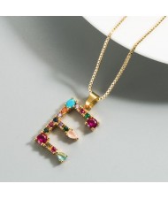 Colorful Gems Inlaid Aphabet Pendant 18k Gold Plated Long Chain Costume Wholesale Necklace