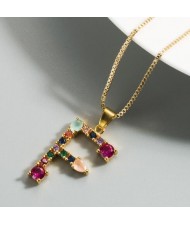 Colorful Gems Inlaid Aphabet Pendant 18k Gold Plated Long Chain Costume Wholesale Necklace