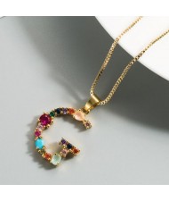Colorful Gems Inlaid Aphabet Pendant 18k Gold Plated Long Chain Costume Wholesale Necklace