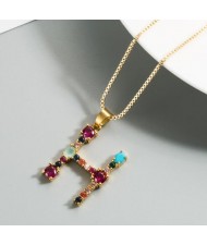 Colorful Gems Inlaid Aphabet Pendant 18k Gold Plated Long Chain Costume Wholesale Necklace