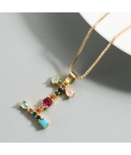 Colorful Gems Inlaid Aphabet Pendant 18k Gold Plated Long Chain Costume Wholesale Necklace