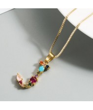 Colorful Gems Inlaid Aphabet Pendant 18k Gold Plated Long Chain Costume Wholesale Necklace