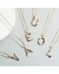 Colorful Gems Inlaid Aphabet Pendant 18k Gold Plated Long Chain Costume Wholesale Necklace