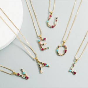 Colorful Gems Inlaid Aphabet Pendant 18k Gold Plated Long Chain Costume Wholesale Necklace