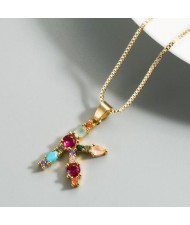Colorful Gems Inlaid Aphabet Pendant 18k Gold Plated Long Chain Costume Wholesale Necklace
