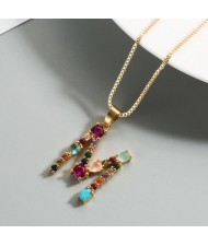 Colorful Gems Inlaid Aphabet Pendant 18k Gold Plated Long Chain Costume Wholesale Necklace