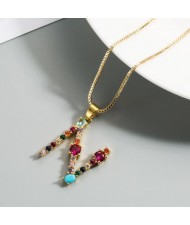 Colorful Gems Inlaid Aphabet Pendant 18k Gold Plated Long Chain Costume Wholesale Necklace