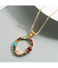 Colorful Gems Inlaid Aphabet Pendant 18k Gold Plated Long Chain Costume Wholesale Necklace