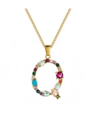 Colorful Gems Inlaid Aphabet Pendant 18k Gold Plated Long Chain Costume Wholesale Necklace