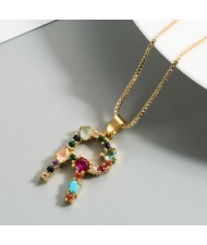 Colorful Gems Inlaid Aphabet Pendant 18k Gold Plated Long Chain Costume Wholesale Necklace