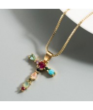 Colorful Gems Inlaid Aphabet Pendant 18k Gold Plated Long Chain Costume Wholesale Necklace