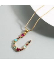 Colorful Gems Inlaid Aphabet Pendant 18k Gold Plated Long Chain Costume Wholesale Necklace
