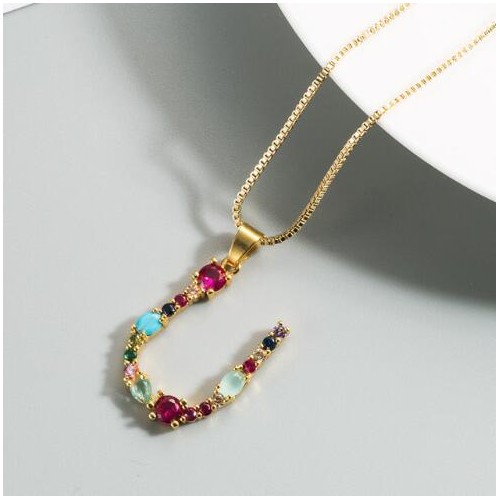 Colorful Gems Inlaid Aphabet Pendant 18k Gold Plated Long Chain Costume ...