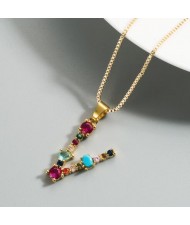 Colorful Gems Inlaid Aphabet Pendant 18k Gold Plated Long Chain Costume Wholesale Necklace