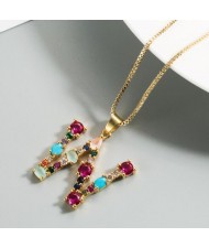 Colorful Gems Inlaid Aphabet Pendant 18k Gold Plated Long Chain Costume Wholesale Necklace