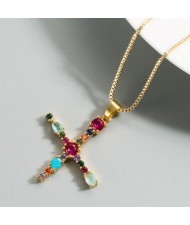 Colorful Gems Inlaid Aphabet Pendant 18k Gold Plated Long Chain Costume Wholesale Necklace