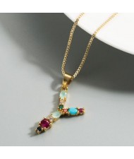 Colorful Gems Inlaid Aphabet Pendant 18k Gold Plated Long Chain Costume Wholesale Necklace