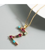 Colorful Gems Inlaid Aphabet Pendant 18k Gold Plated Long Chain Costume Wholesale Necklace