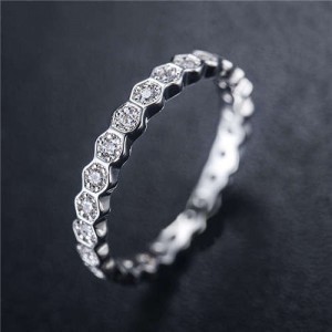 Cubic Zirconia Inlaid Glistening Hexagon Creative Design 18K Plated Rose Gold Ring - Platinum