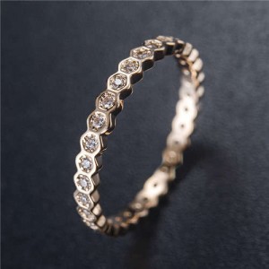 Cubic Zirconia Inlaid Glistening Hexagon Creative Design 18K Plated Rose Gold Ring - Rose Gold