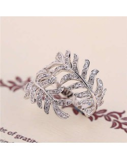 Cubic Zirconia Embellished Unique Feather Design 18K Platinum Plated Women Ring