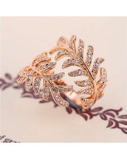 Cubic Zirconia Embellished Unique Feather Design 18K Rose Gold Plated Ring