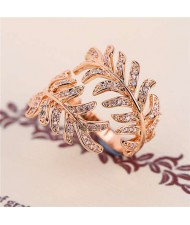 Cubic Zirconia Embellished Unique Feather Design 18K Rose Gold Plated Ring