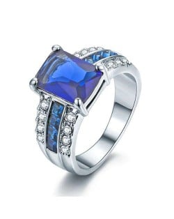 Square Blue Gem Inlaid Luxurious Style 18K Platinum Plated Women Ring