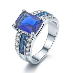 Square Blue Gem Inlaid Luxurious Style 18K Platinum Plated Women Ring