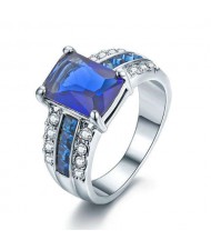 Square Blue Gem Inlaid Luxurious Style 18K Platinum Plated Women Ring