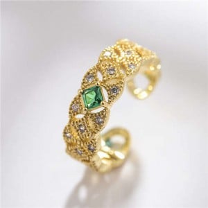 Green Gem Inlaid Delicate Rhinestone Internet Celebrity Choice 18K Rose Gold Plated Ring