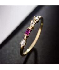 Purple Cubic Zirconia and Rhinestone Embellished Slim Style 18K Gold Plated Ring