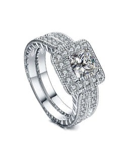 Square Cubic Zirconia Embellished Dual Rings Sweet Design 18K Platinum Plated Women Ring