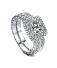 Square Cubic Zirconia Embellished Dual Rings Sweet Design 18K Platinum Plated Women Ring