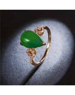 Waterdrop Shape Jade Inlaid Graceful Style 18K Rose Gold Plated Women Ring