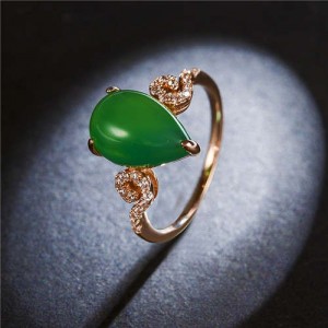 Waterdrop Shape Jade Inlaid Graceful Style 18K Rose Gold Plated Women Ring