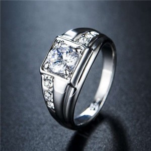 Cubic Zirconia Embellished Four Claws 18K Platinum Plated Men Ring