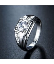 Cubic Zirconia Embellished Four Claws 18K Platinum Plated Men Ring