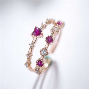 Red Rhinestone Embellished Dual Layers Rings Design 18K Rose Gold Plated Women Ring