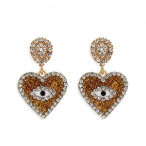 Rhinestone Embellished Peach Heart Eye Design High Fashion Women Wholesale Earrings - Yellow