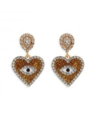 Rhinestone Embellished Peach Heart Eye Design High Fashion Women Wholesale Earrings - Yellow
