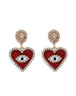 Rhinestone Embellished Peach Heart Eye Design High Fashion Women Wholesale Earrings - Red