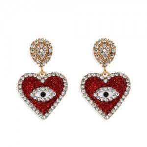 Rhinestone Embellished Peach Heart Eye Design High Fashion Women Wholesale Earrings - Red