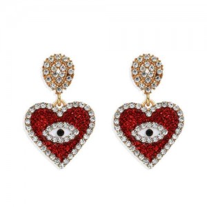 Rhinestone Embellished Peach Heart Eye Design High Fashion Women Wholesale Earrings - Red