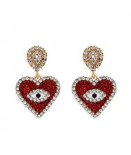 Rhinestone Embellished Peach Heart Eye Design High Fashion Women Wholesale Earrings - Red