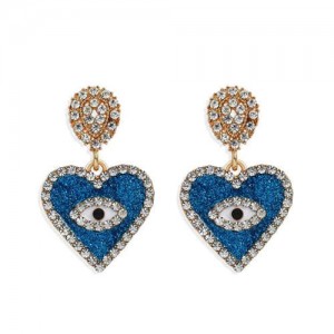 Rhinestone Embellished Peach Heart Eye Design High Fashion Women Wholesale Earrings - Blue