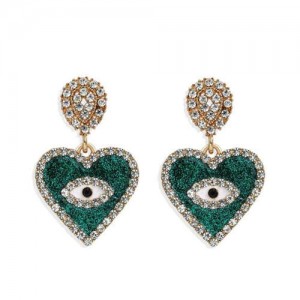 Rhinestone Embellished Peach Heart Eye Design High Fashion Women Wholesale Earrings - Green